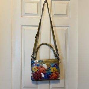 Anuschka Hand Painted Floral Multicolor Crossbody Bag w/handle.